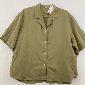 New Uniqlo Large Green Linen Cotton Blend Boxy Relaxed Short Sleeve Button Up